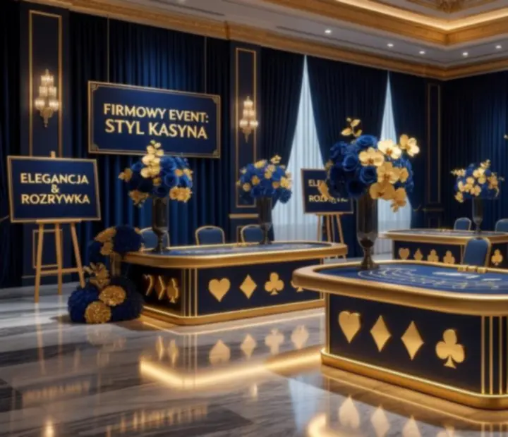 Elegancka sala firmowa przygotowana w stylu kasynowym z dopasowaną dekoracją