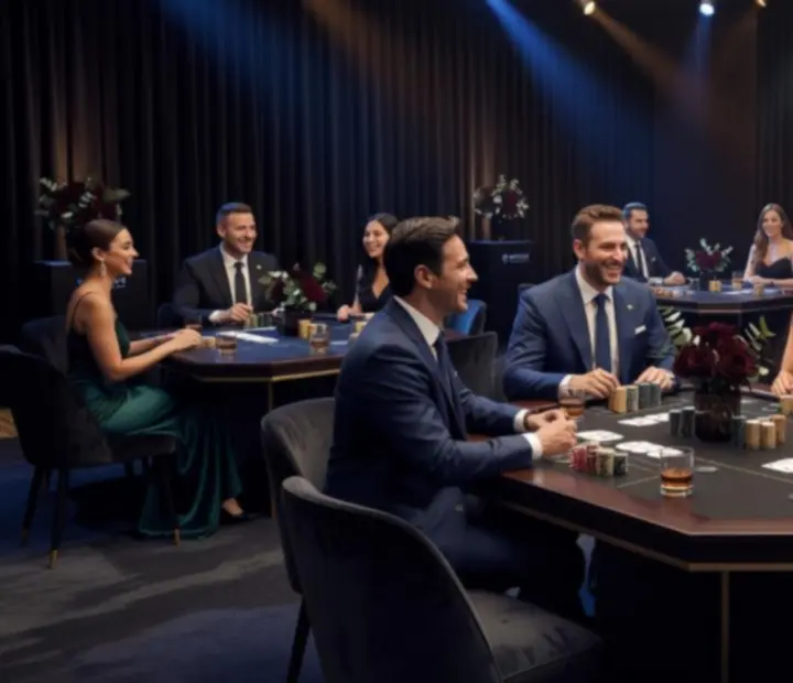 Elegancka firmowa sala eventowa z aranżacją kasynową i stołami do gier
