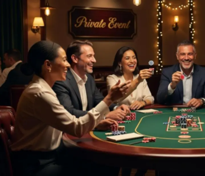 Grupa uczestników bawiąca się przy stole pokerowym podczas integracyjnego eventu